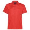 A red men's polo shirt with a collared neckline and three buttons, featuring a logo on the chest area.