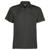 A men's polo shirt in black with a collar, short sleeves, and a branded logo on the chest.
