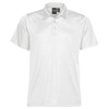 A white polo shirt featuring a collar, short sleeves, and a logo. Ideal for casual or smart-casual occasions.