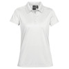 A white women's polo shirt with a classic collar and a logo on the chest.