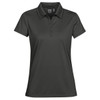 A women's polo shirt in dark grey, featuring a collar and a logo on the upper side.