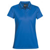 A blue women's polo shirt with a collared neck and short sleeves, featuring a logo on the front.