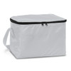 A white insulated cooler bag with a zipper closure and a carrying strap. It features a logo on the side.