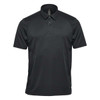 A black men's polo shirt with a collar, featuring short sleeves and a logo on the chest.