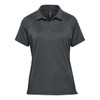 A women's polo shirt in dark grey, featuring a stylish design and a logo on the chest.