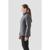 A women's grey puffer jacket is displayed, featuring a side view of the lightweight design. It has a branding logo.