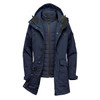 A navy blue 5-in-1 system jacket featuring a removable inner layer and an adjustable hood, with a logo on the sleeve.