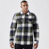 A men's shacket in a quilted, navy, green, and grey plaid pattern with front pockets and a collar.