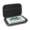 A white power bank nestled in a black, zippered case, featuring a tropical design and a logo.