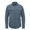 A long-sleeved, blue quick-dry shirt with two chest pockets and a button-up closure. It features a logo.