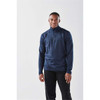 A navy blue men's long sleeve 1/4 zip shirt featuring a stand-up collar and a fitted design.