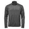 A dark grey long sleeve quarter-zip shirt with a collar and a logo on the sleeve.