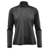 A women's long sleeve jumper in black featuring a 1/4 zip and a fitted design. It has branding on the garment.