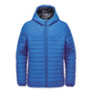 A blue quilted hoody with a zipper and a hood; features a black interior and has a logo.