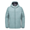 A light blue quilted hoody with a zip front and a hood, featuring a logo on the chest.