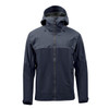 A dark grey rain jacket with a hood, featuring zippered pockets and a sleek design. It has a branding logo on it.