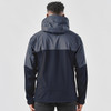 A men's rain jacket in navy blue, featuring a hood and a two-tone design, with a branding logo visible.