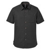 A black short-sleeved button-up shirt with a chest pocket and a logo tag on the side.