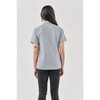 A women's button-up shirt in light grey, featuring short sleeves and a subtle logo on the back.