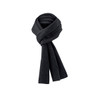 A dark grey knitted scarf, elegantly wrapped, featuring a simple design and a logo.