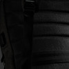 A black backpack featuring textured fabric and adjustable straps, with a logo on the side.