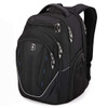A black Swissdigital Terabyte Backpack features multiple zippers and compartments, with a logo on the front.