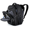 A black backpack with multiple compartments, including a padded laptop section and zippered pockets. It has a logo.