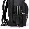 A black backpack with a drink bottle secured in a side pocket, featuring zippers and adjustable straps.