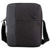 A dark grey shoulder bag with a textured panel and a logo on the front, featuring an adjustable strap.