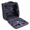 An underseat luggage bag in black, featuring a spacious open interior with straps and pockets for organisation.