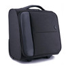 A wheeled underseat luggage bag in black fabric with a smooth side panel and a handle on top.