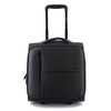 A sleek black underseat luggage bag with a retractable handle and wheels, featuring a front pocket and branding.