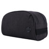 A dark grey toiletry bag with a logo, featuring a rounded shape and a black strap.