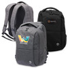 Three backpacks in various styles: one grey with a colourful logo, a plain black, and another grey with a logo.