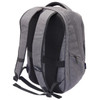A grey backpack with padded straps and mesh panels, featuring a zippered side pocket and a logo.