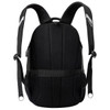 A black backpack with padded shoulder straps and textured fabric, featuring a logo.