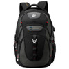 A black backpack with red accents, featuring multiple compartments and a logo on the front.