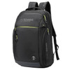 A sleek black backpack with green accents and multiple zippered compartments, featuring a logo on the front.