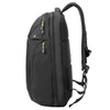 A sleek black backpack with mesh side pockets and zippers, featuring adjustable shoulder straps and a branding logo.