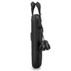 A black laptop sleeve with a zipper, featuring a charm attached to the side. It has two top handles for carrying.