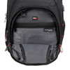 A black backpack interior featuring multiple compartments, including a zippered section and RFID protection.