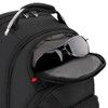 A black backpack featuring a front pocket with sunglasses inside. It has a sleek, modern design and a logo.