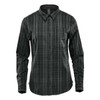A green and grey plaid long sleeve button-up shirt with a collar and chest pocket. It features a logo.