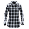 A women's button-up shirt in black and white plaid with long sleeves and a snap front, featuring two chest pockets and a logo.