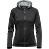 A black women's hoodie with a zip closure and a grey, patterned interior lining. It features a hood and has a logo.