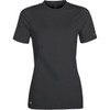 A short-sleeved women's t-shirt in dark grey with a logo on one sleeve.