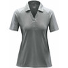 A women's polo shirt in a heathered light grey colour, featuring a classic collar and short sleeves. It has a logo.