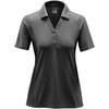 A women's polo shirt in heathered dark grey, featuring a collar and short sleeves. Includes a logo.