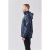 A men's lightweight rain jacket in navy, featuring a hood and a logo.