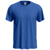 A blue men's classic T-shirt featuring a round neckline and short sleeves, with a tag inside and a logo.